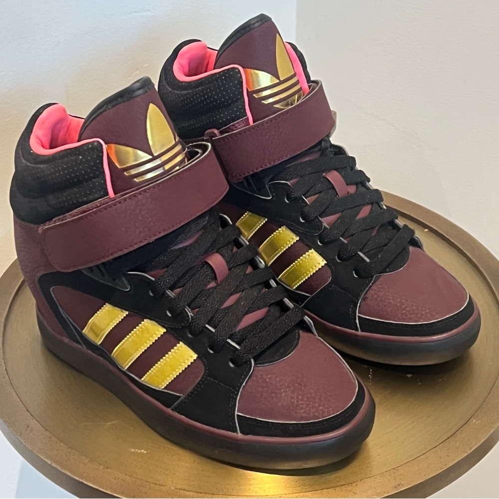 Adidas Amberlight Women's Wedge Hi-Top Sneakers - Black, Gold, and Pink